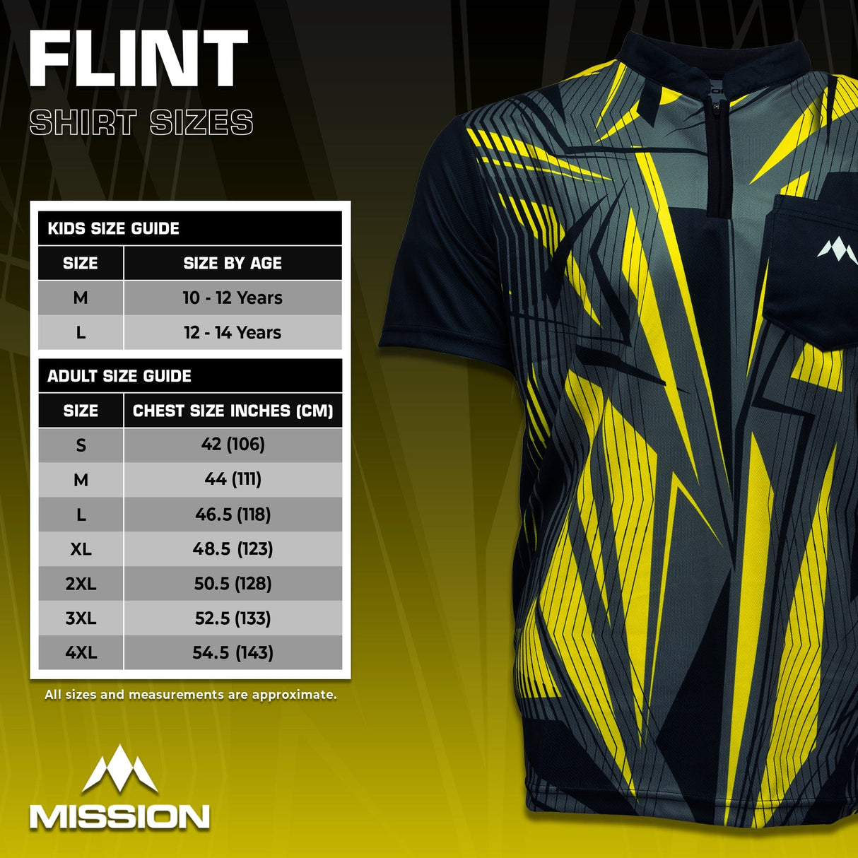 Mission Darts Flint Dart Shirt - Collarless - Lightweight - Black & Yellow - Youth