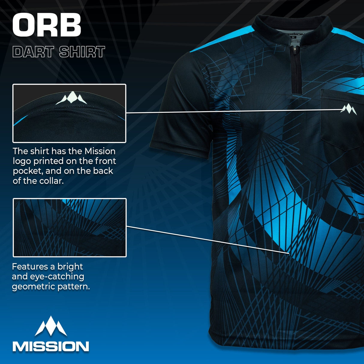 Mission Darts Orb Dart Shirt - Collarless - Lightweight - Black & Blue