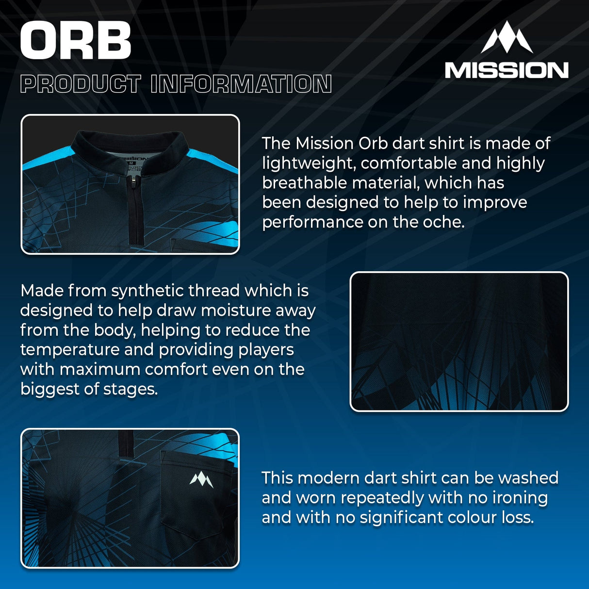 Mission Darts Orb Dart Shirt - Collarless - Lightweight - Black & Blue