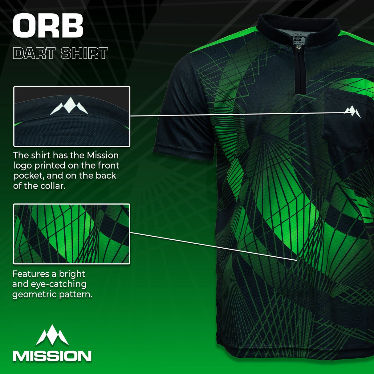 Mission Darts Orb Dart Shirt - Collarless - Lightweight - Black & Green