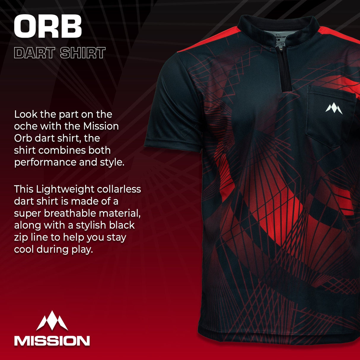 Mission Darts Orb Dart Shirt - Collarless - Lightweight - Black & Red - Youth