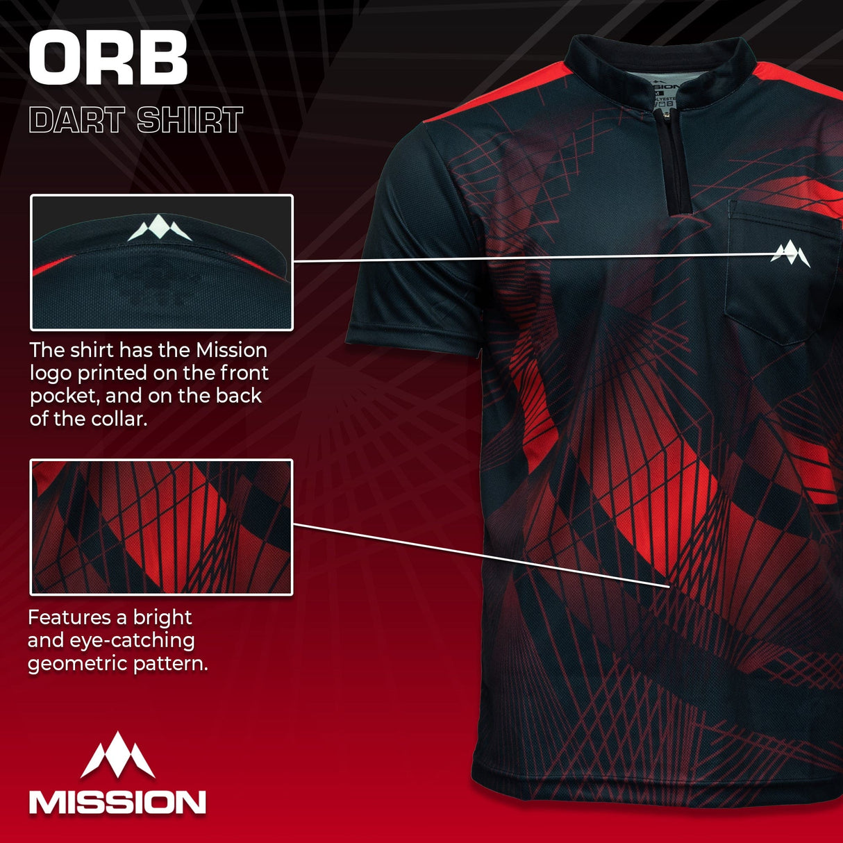 Mission Darts Orb Dart Shirt - Collarless - Lightweight - Black & Red - Youth