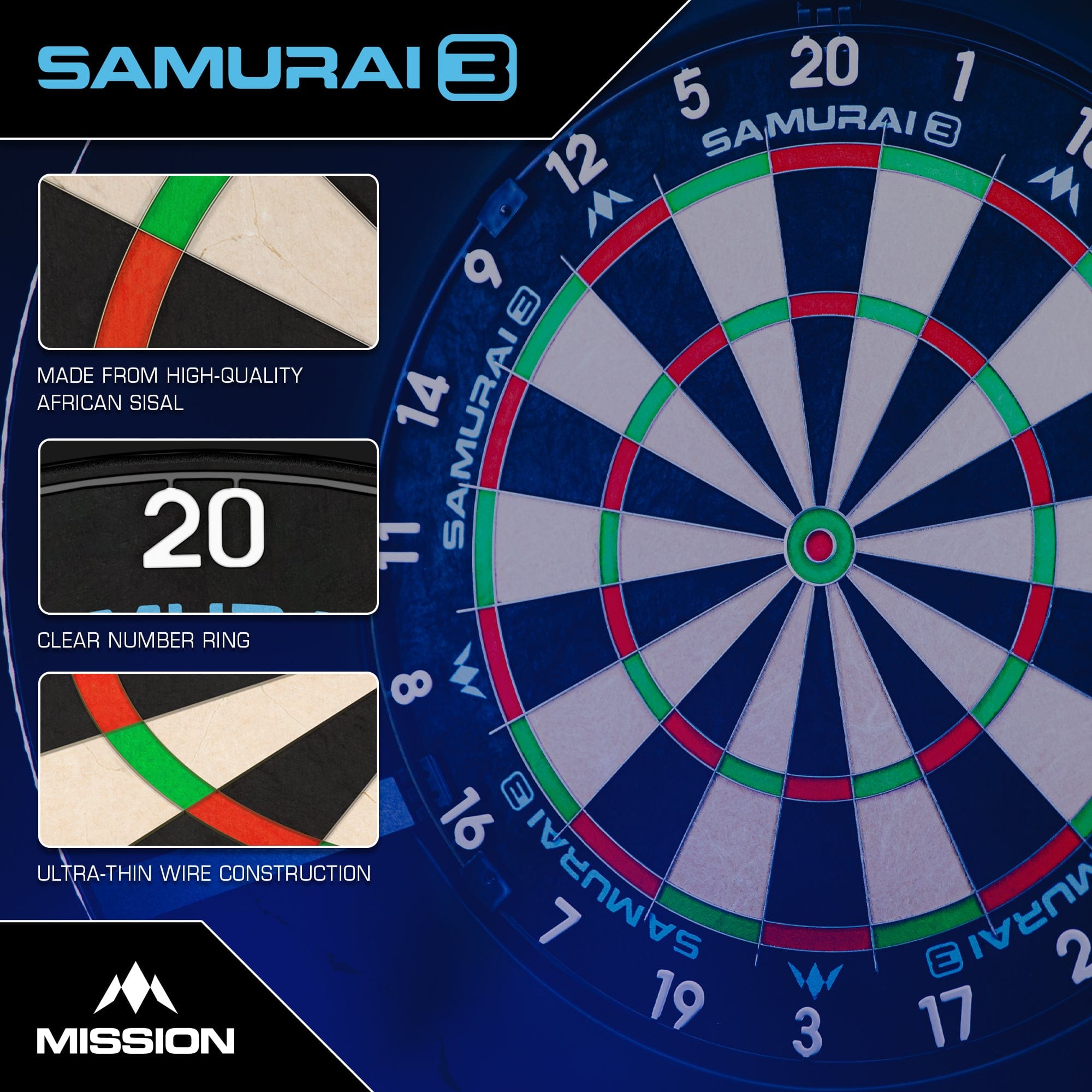 Mission Samurai 3 Dartboard - Professional - Knife Wire - Black Number