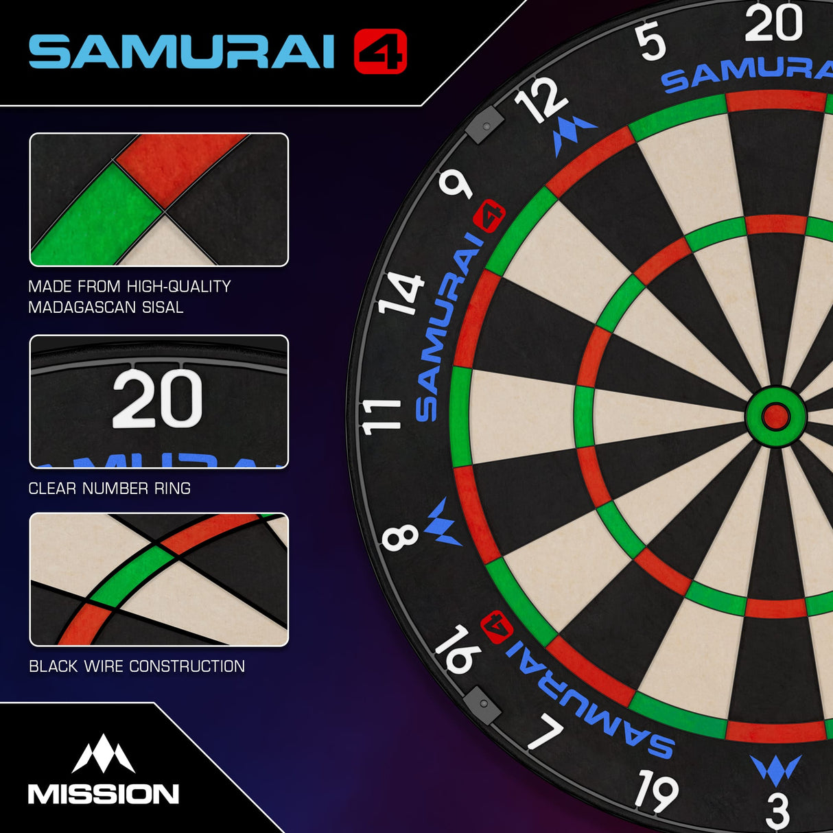 Mission Samurai 4 Dartboard - Professional - Knife Wire - Black Spider