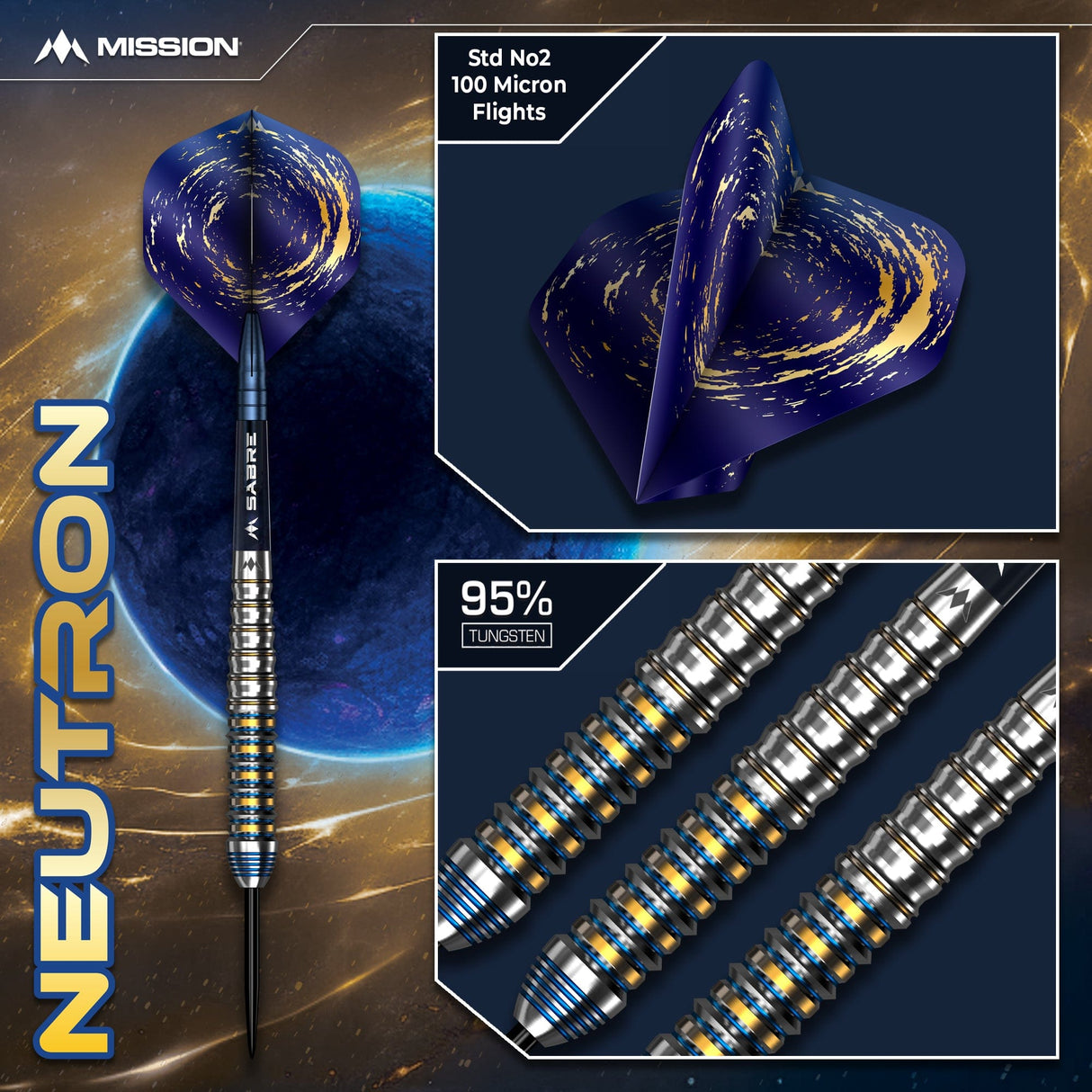 Mission Neutron Darts - Steel Tip - 95% Tungsten - Blue & Gold PVD