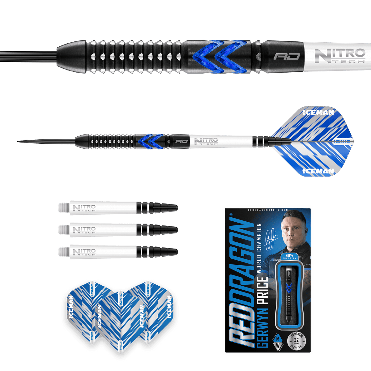 Red Dragon Gerwyn Price Darts - Steel Tip - 90% Tungsten - Ice Blue