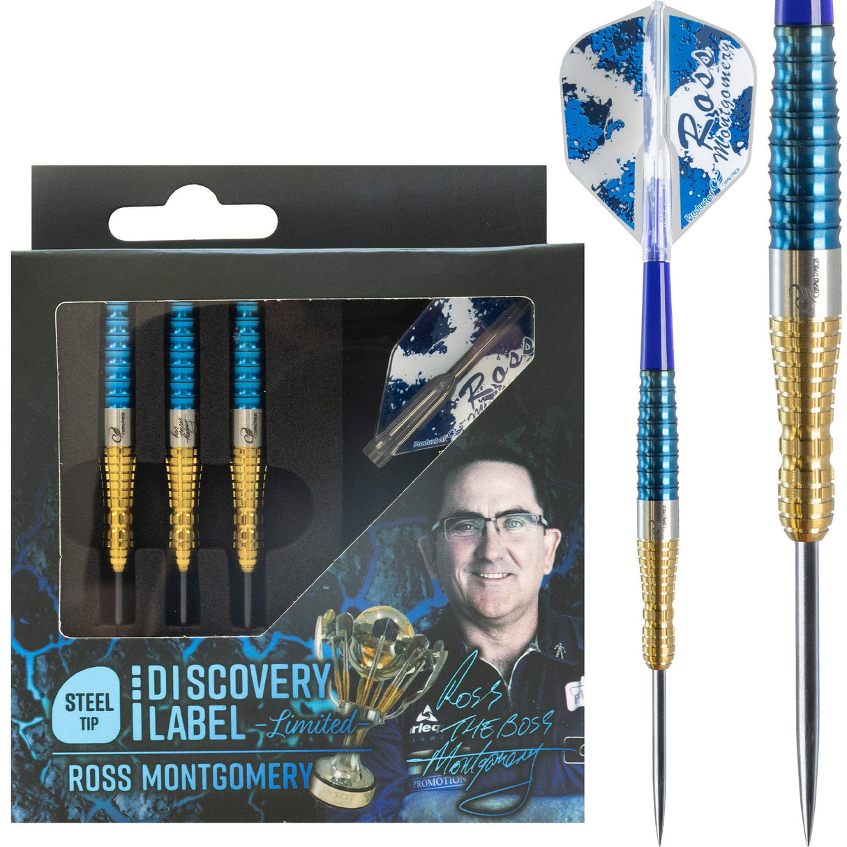Cosmo Ross Montgomery Darts - Steel Tip - 90% Tungsten - Limited Edition - Blue & Gold - 24g