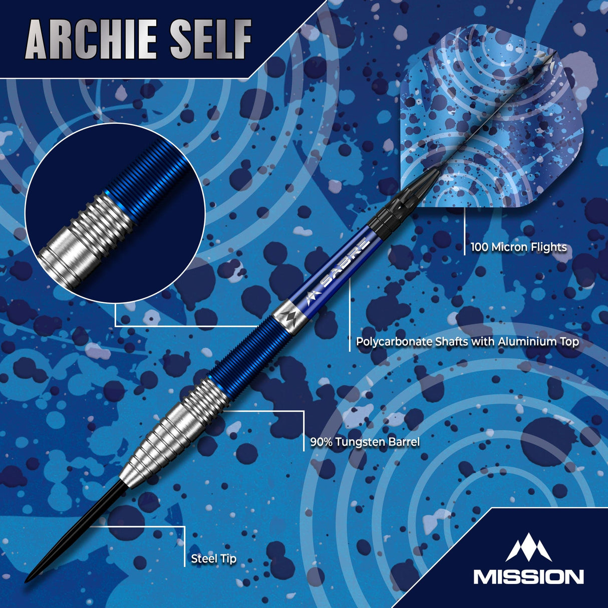 Mission Archie Self Darts - Steel Tip - 90% Tungsten - Blue & Silver