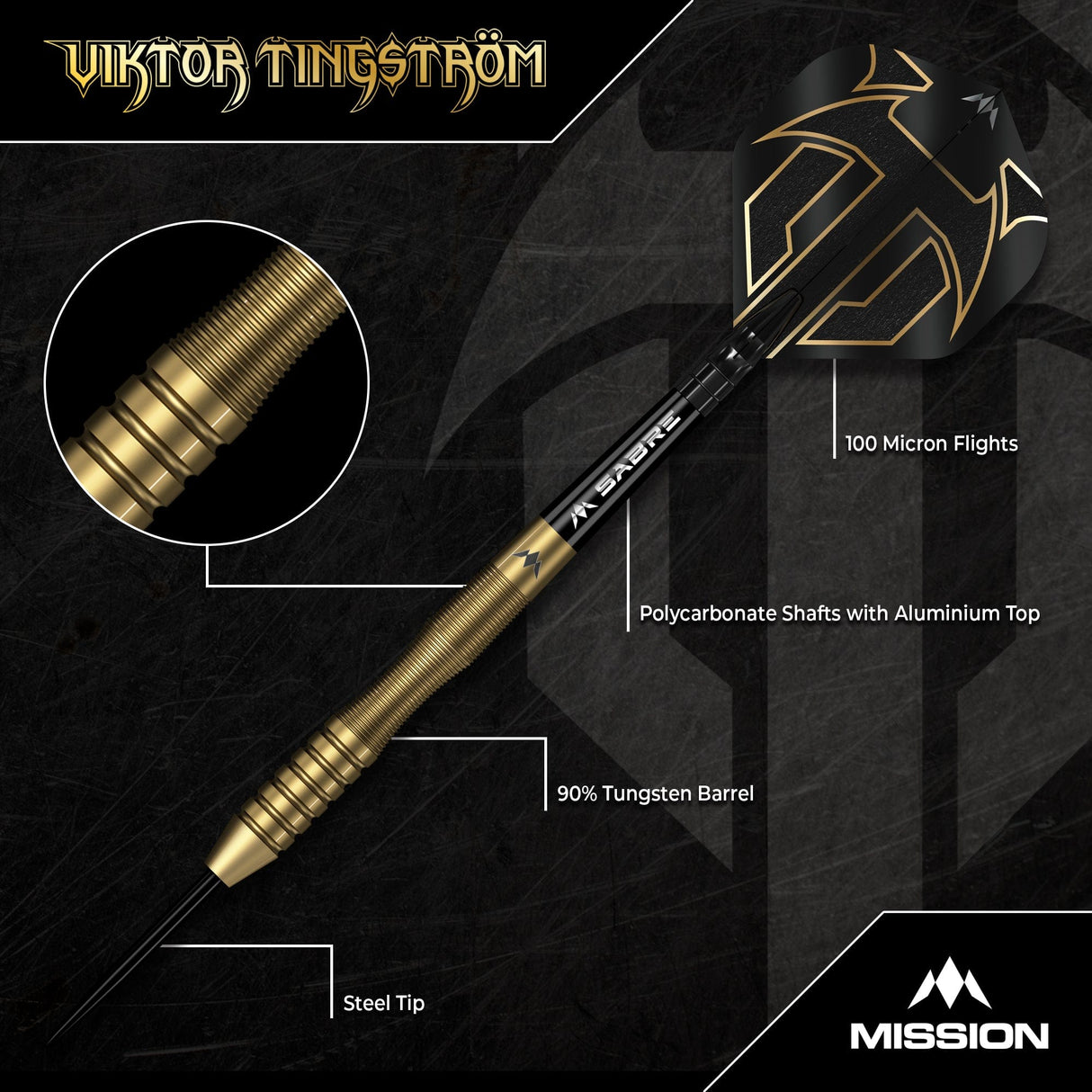 Mission Viktor Tingstrom Darts - Steel Tip - 90% Tungsten - Gold