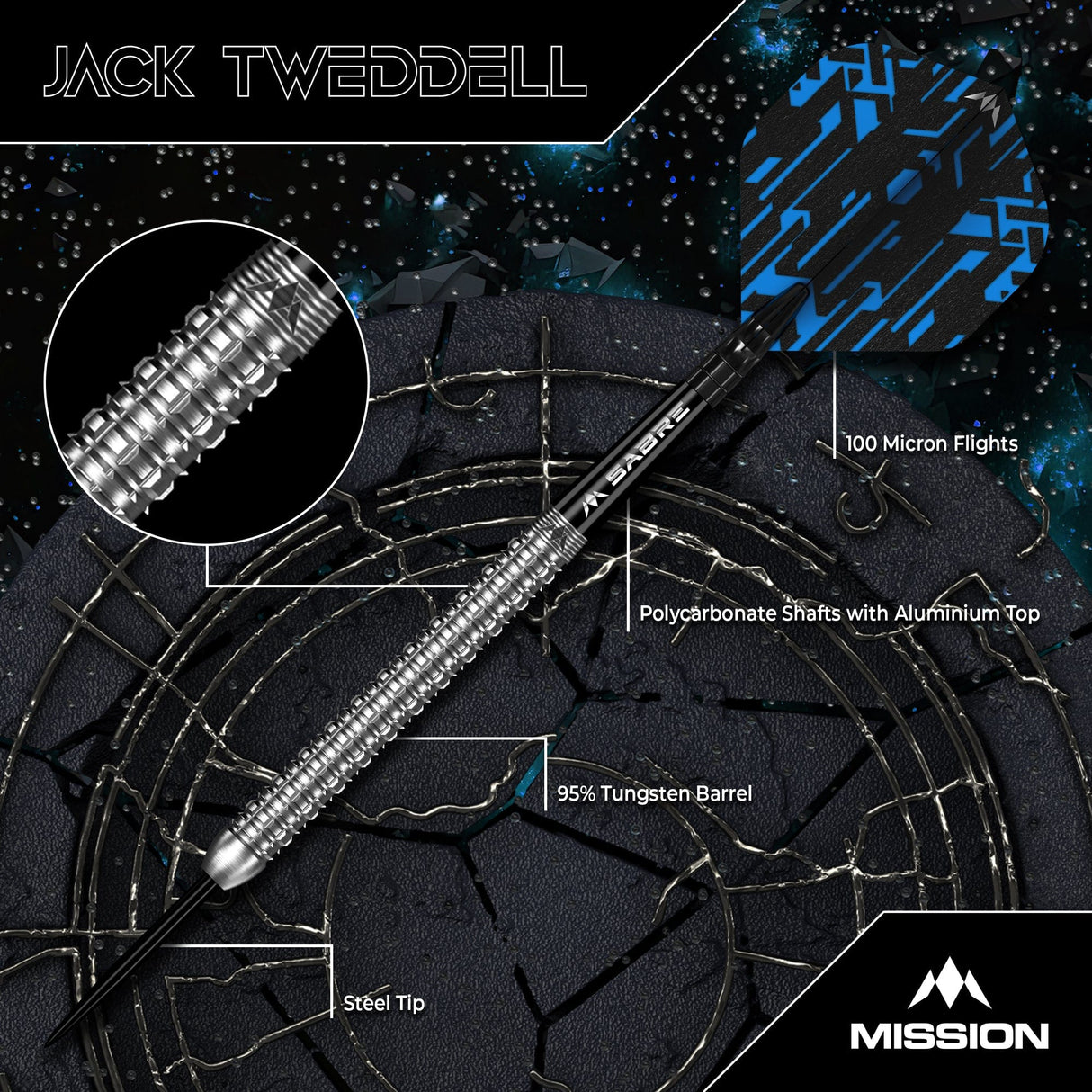 Mission Jack Tweddell Darts - Steel Tip - 95% Tungsten -  Silver
