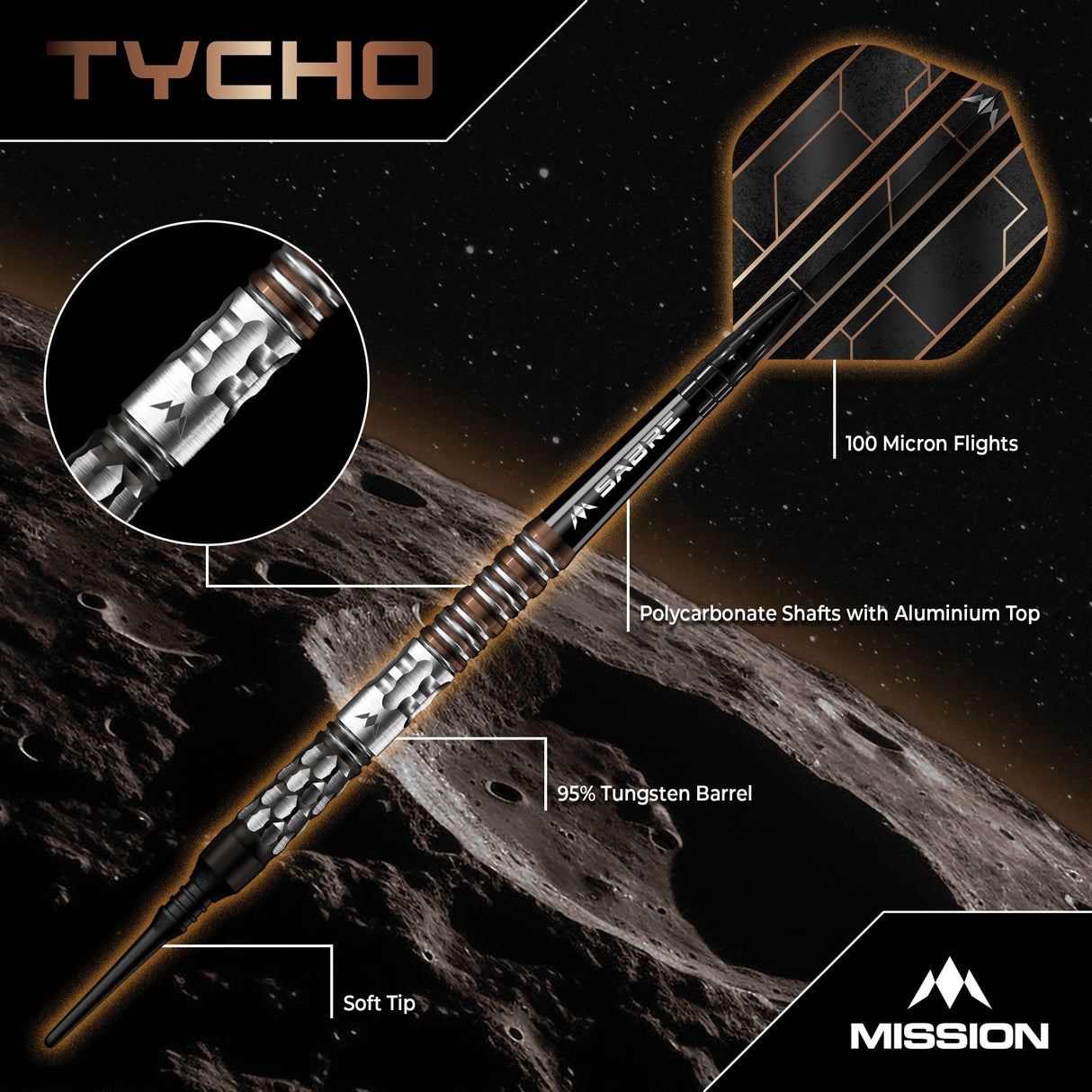 Mission Tycho Darts - Soft Tip - 90% Tungsten - Black & Bronze PVD - 20g
