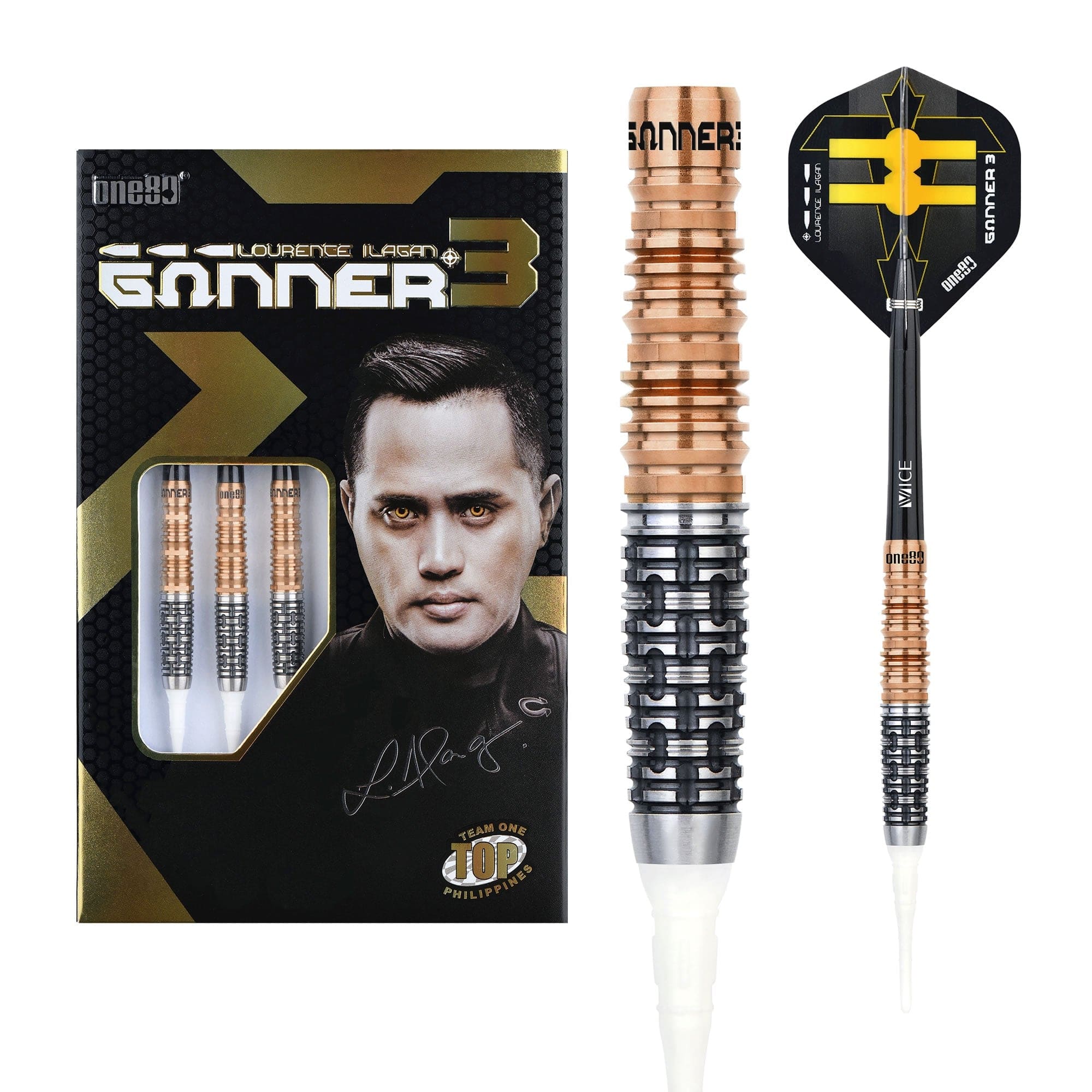 One80 Gunner III Darts - Soft Tip - Lourence Ilagan - Black & Rose Gol