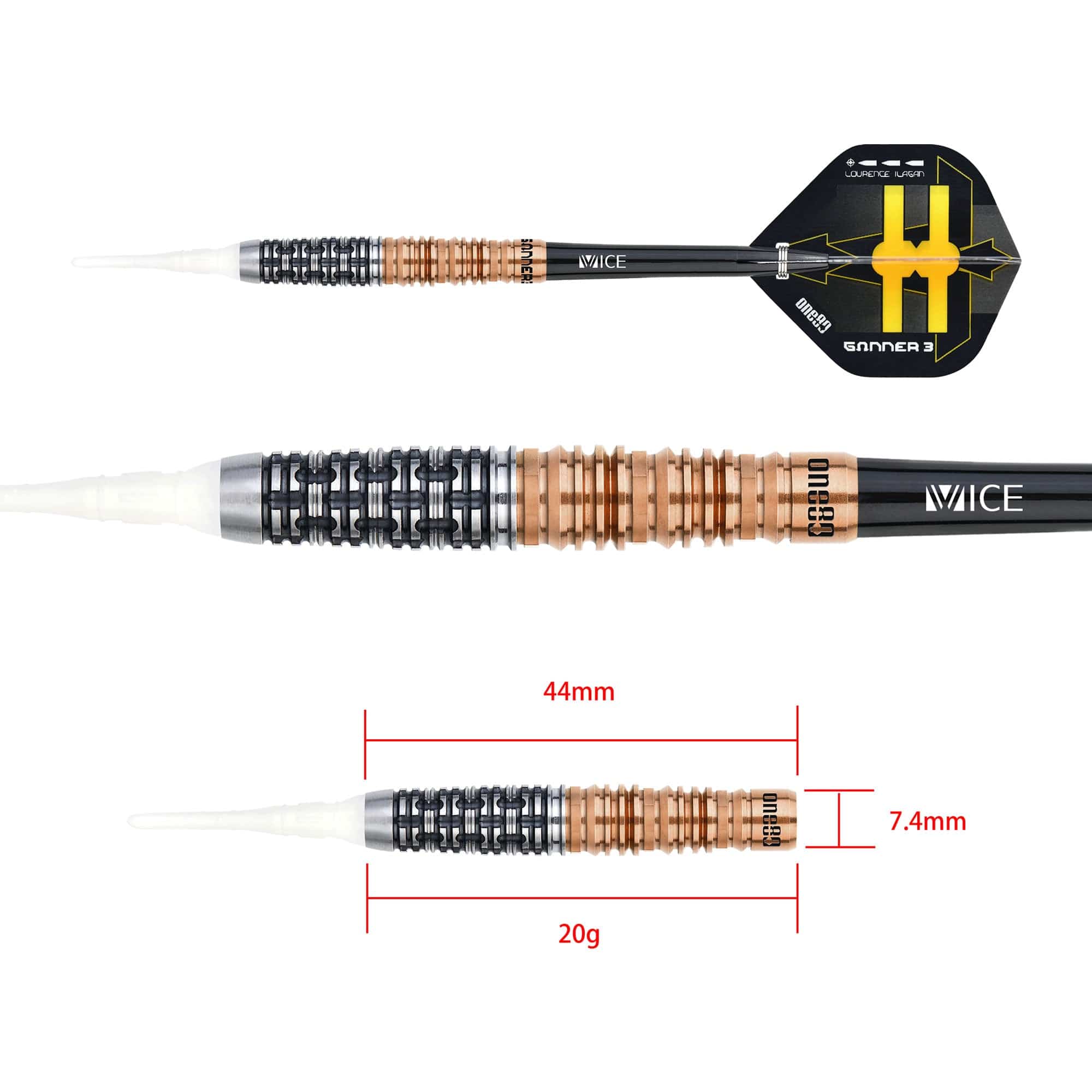 One80 Gunner III Darts - Soft Tip - Lourence Ilagan - Black & Rose Gol