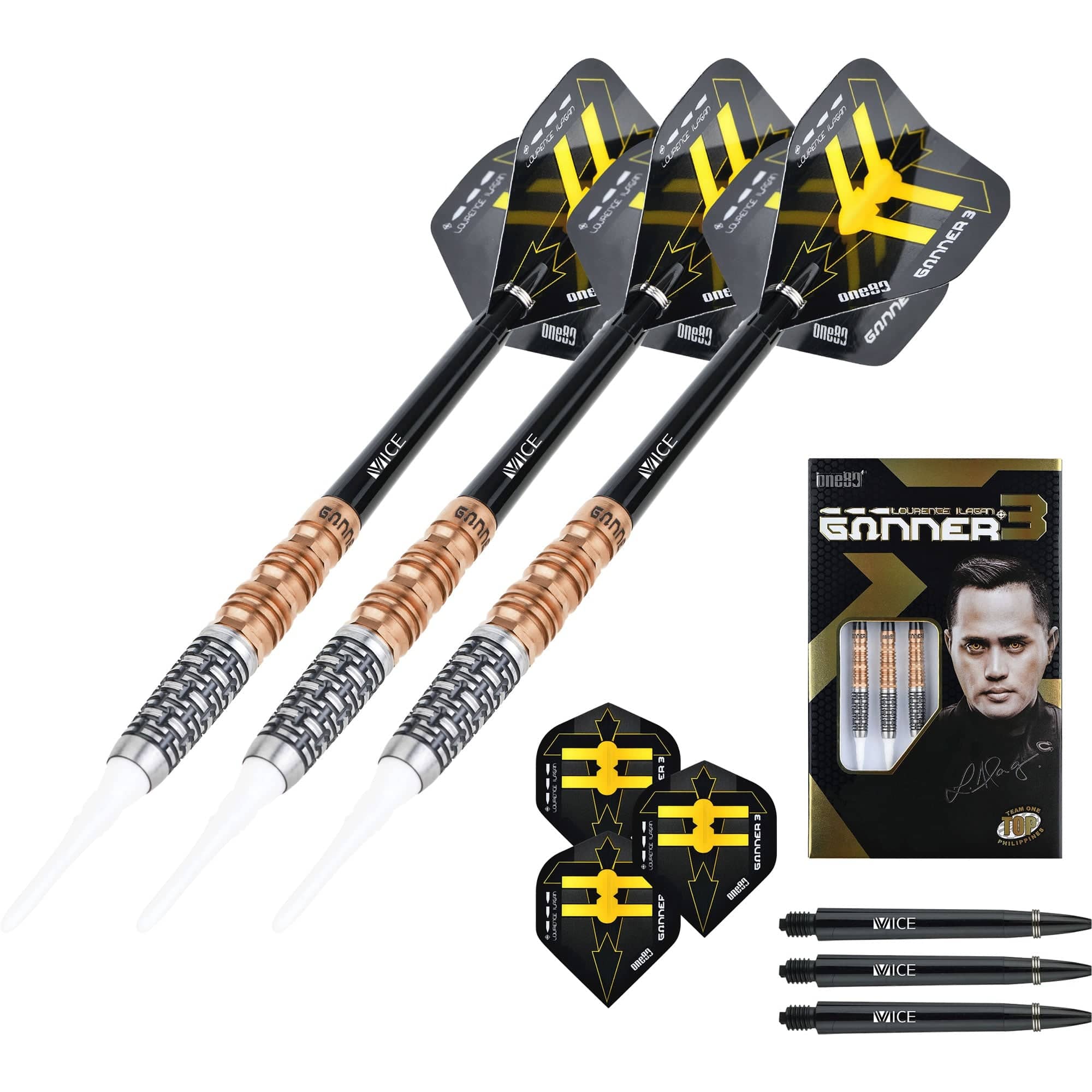 One80 Gunner III Darts - Soft Tip - Lourence Ilagan - Black & Rose Gol