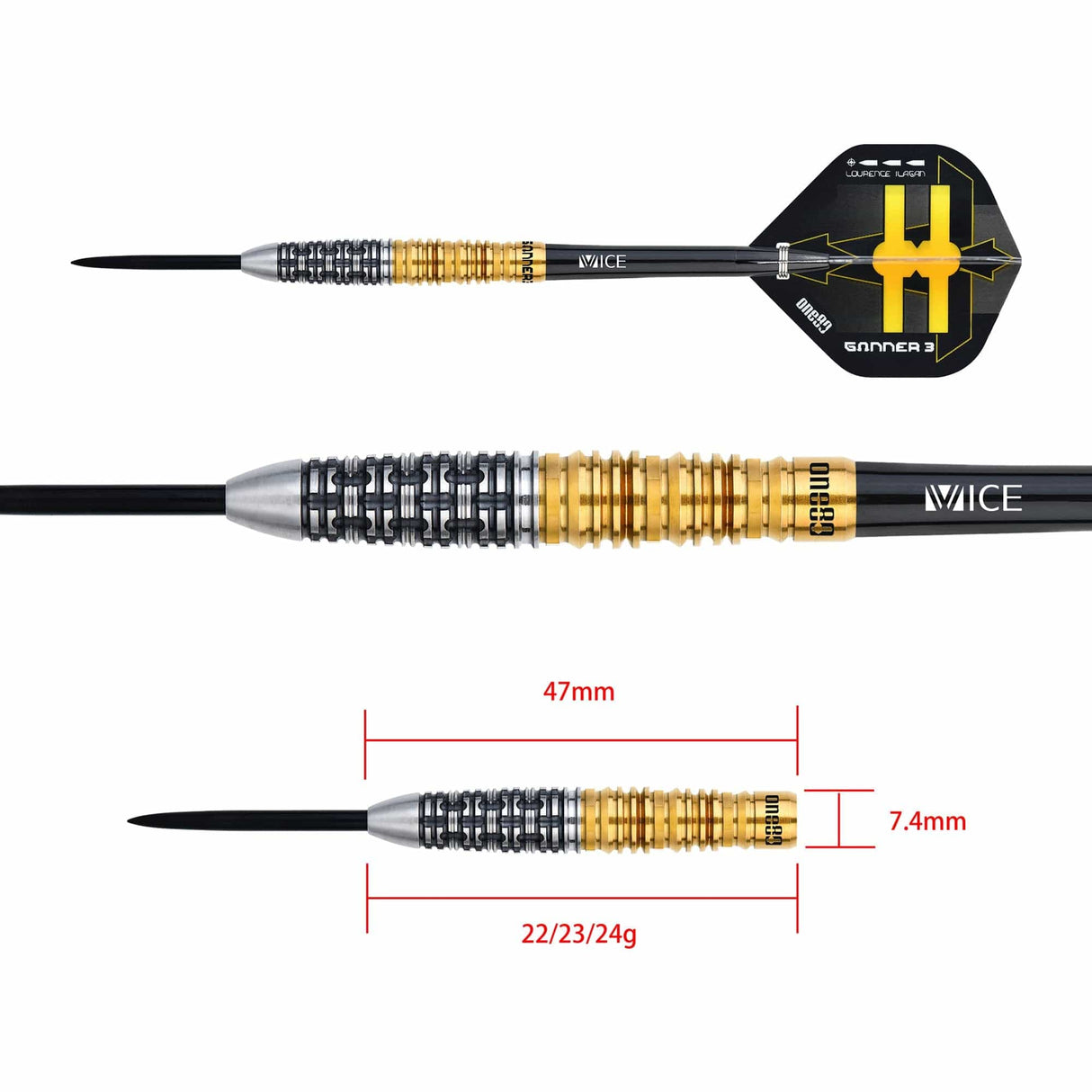 One80 Gunner III Darts - Steel Tip - Lourence Ilagan - Black & Gold