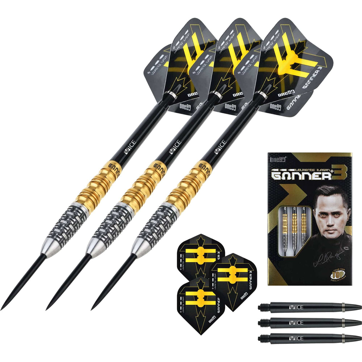 One80 Gunner III Darts - Steel Tip - Lourence Ilagan - Black & Gold