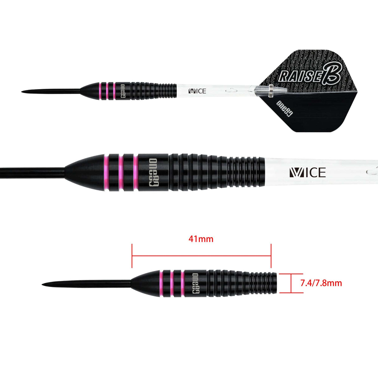 One80 Raise B Darts - Steel Tip - Black - Pink Rings