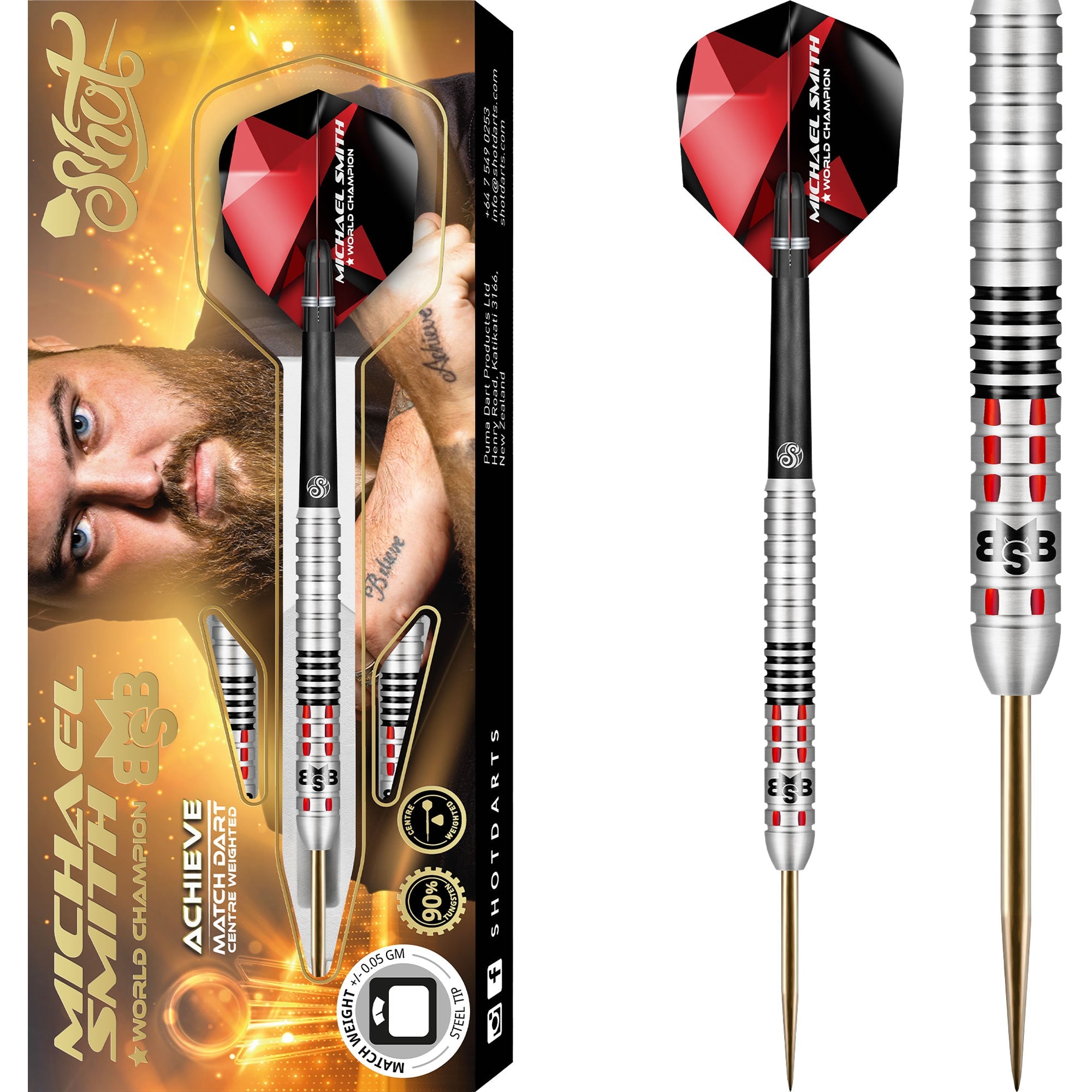 Shot Michael Smith Darts - Steel Tip Tungsten - Centre Weighted - Bully Boy - Achieve