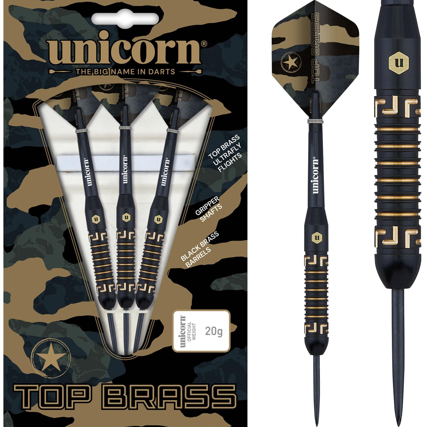 Unicorn Top Brass Darts - Steel Tip - Style 1 - Black & Gold 20g