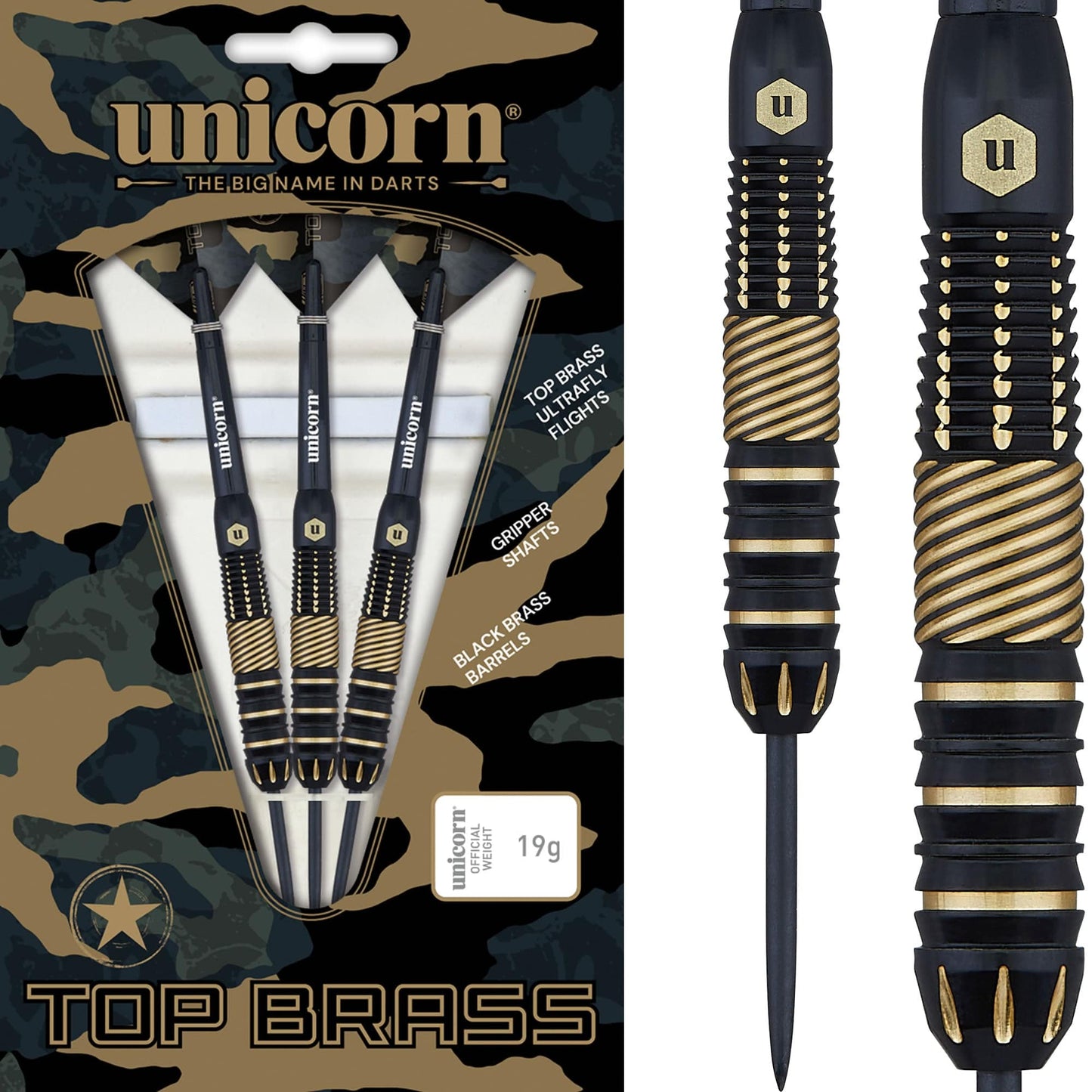Unicorn Top Brass Darts - Steel Tip - Style 2 - Black & Gold 19g