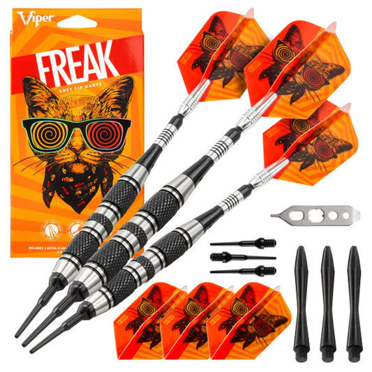 Viper The Freak Darts - Soft Tip - Nickel Silver - with Spinster Shafts - F2 - Black Twin Knurl 18g