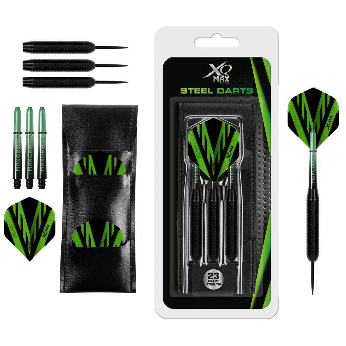 XQMax Steel Tip Darts - Black Coated Steel - includes Case - 23g 23g