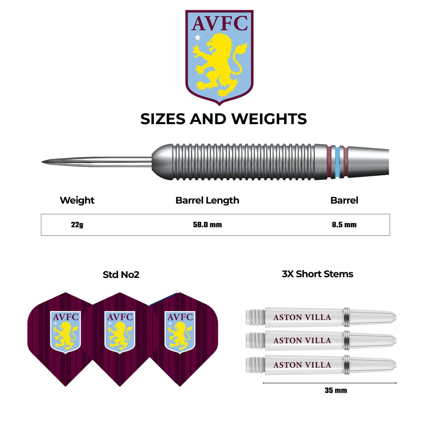 Aston Villa FC Darts - Steel Tip Brass - Official Licensed - AVFC - 22g 22g