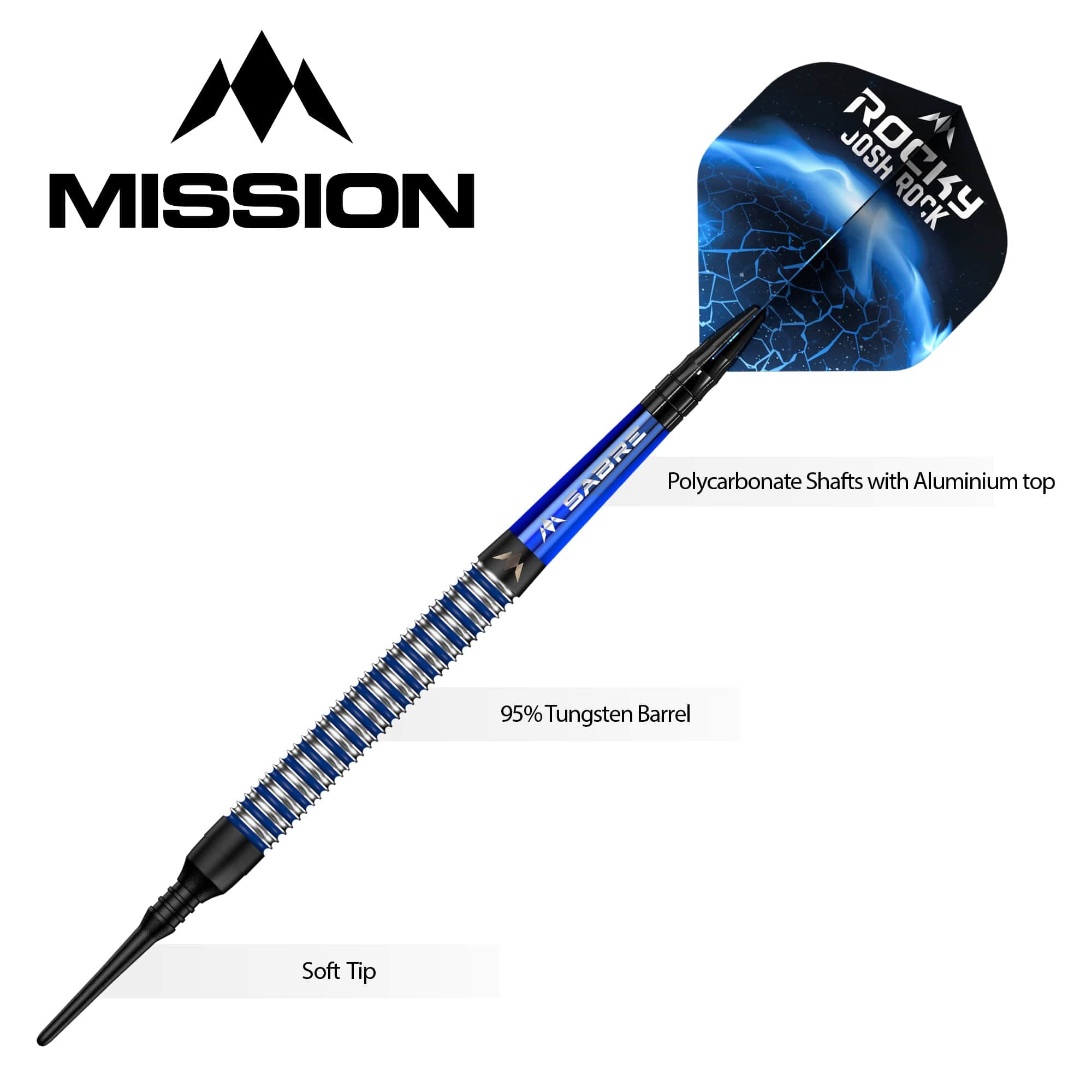 Mission Josh Rock Darts - Soft Tip - Rocky - Black & Blue - 18g