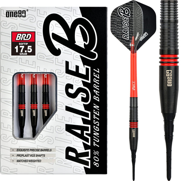 One80 Raise B Darts - Soft Tip - Black - Red Rings