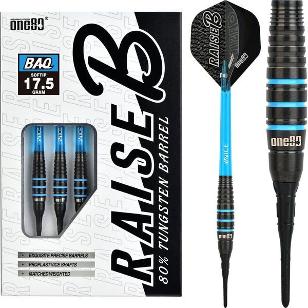 One80 Raise B Darts - Soft Tip - Black - Aqua Blue Rings