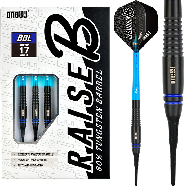 One80 Raise B Darts - Soft Tip - Black - Blue Rings