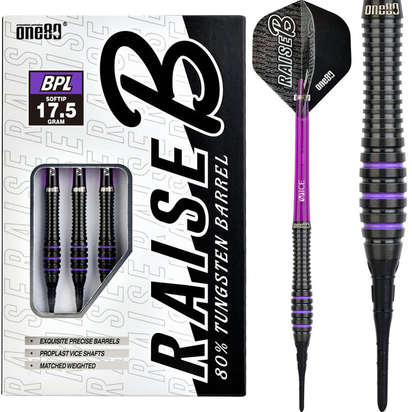 One80 Raise B Darts - Soft Tip - Black - Purple Rings