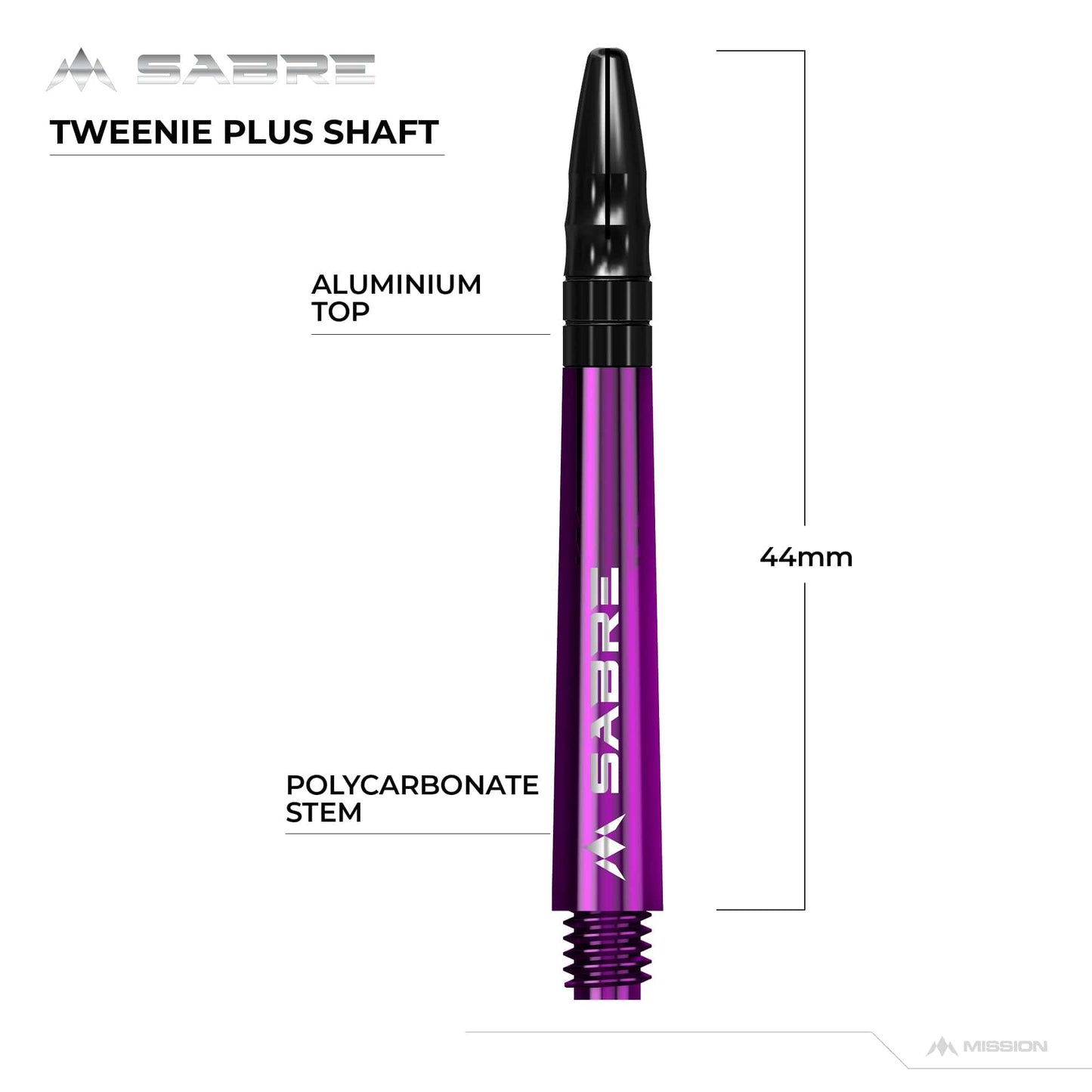 Mission Sabre Shafts - Polycarbonate Dart Stems - Purple - Black Top
