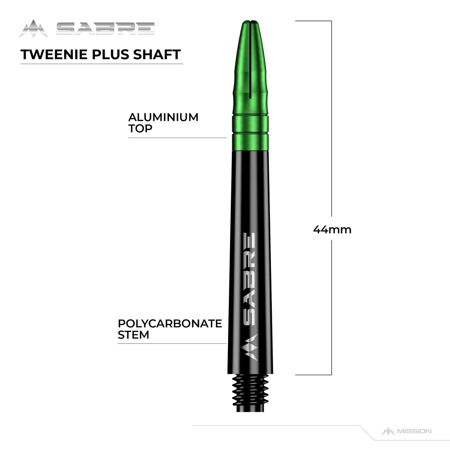Mission Sabre Shafts - Polycarbonate Dart Stems - Black - Green Top