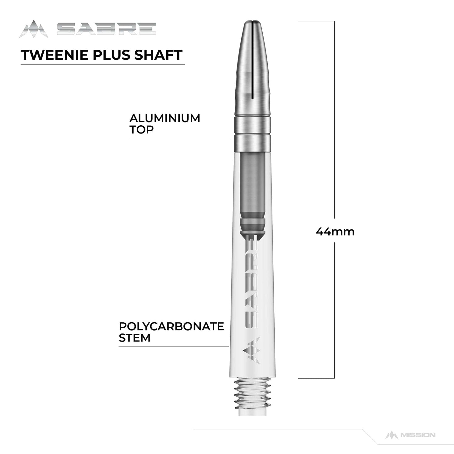 Mission Sabre Shafts - Polycarbonate Dart Stems - Clear - Silver Top