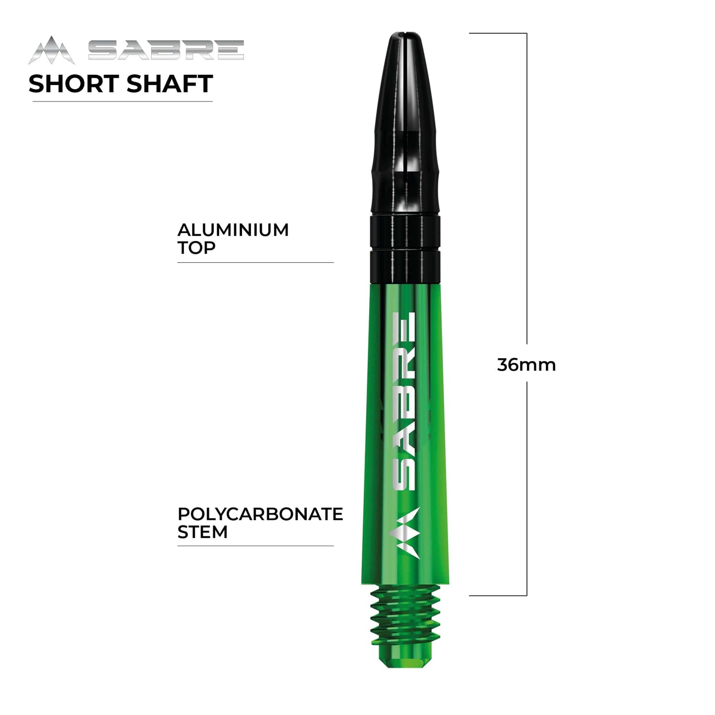 Mission Sabre Shafts - Polycarbonate Dart Stems - Green - Black Top