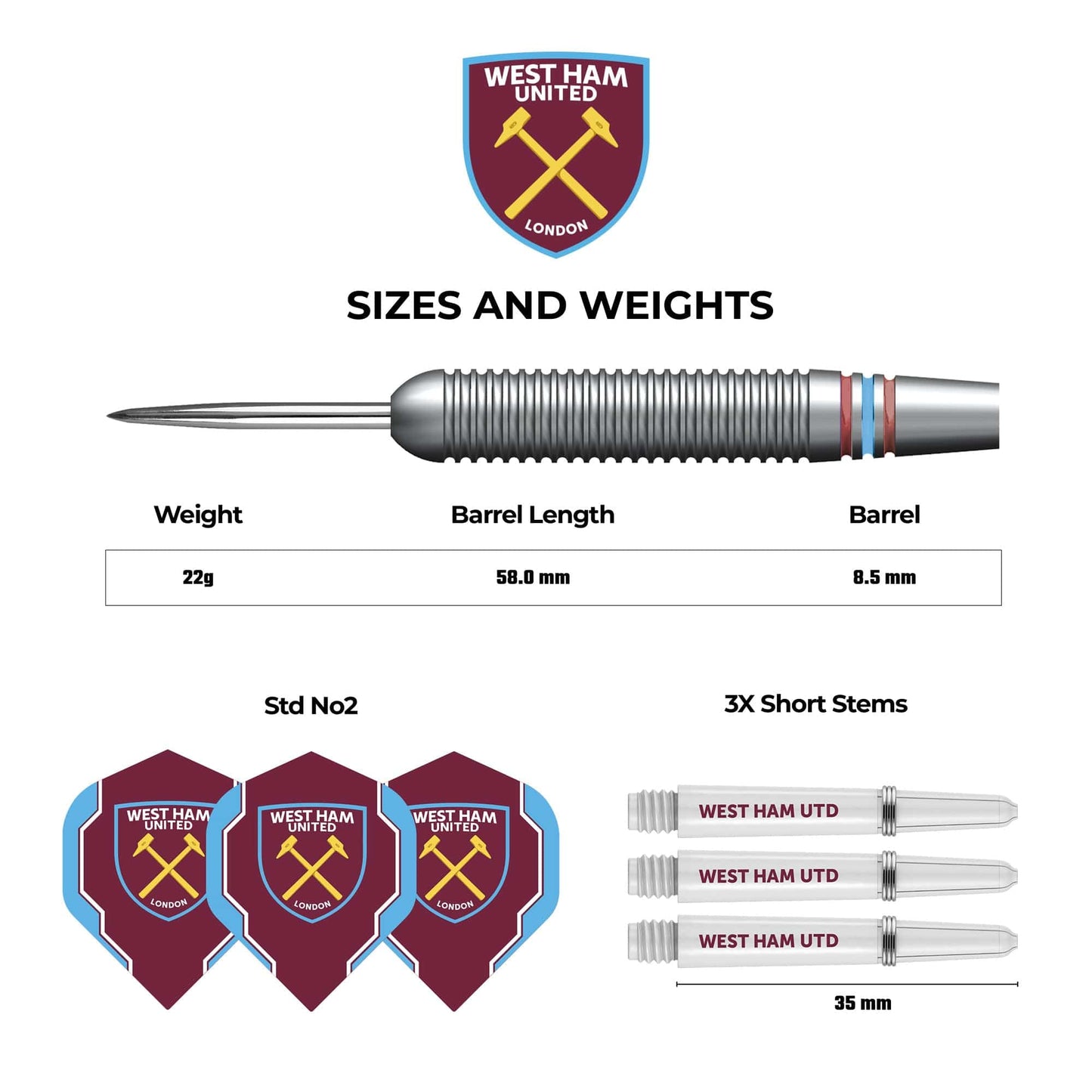 West Ham United FC - Official Licensed - Steel Tip Darts - Brass - 22g 22g