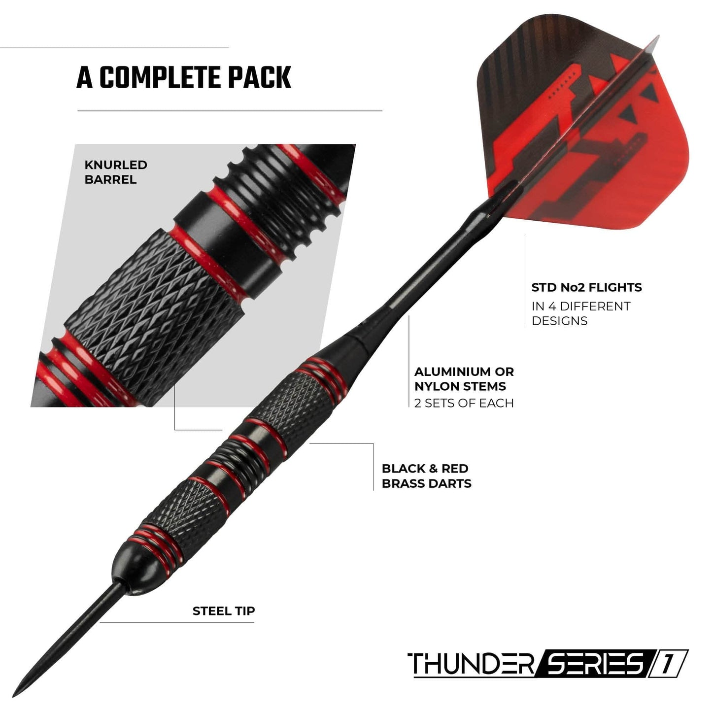 Darts Corner - Thunder Series 1 - Steel Tip Brass - 2 Sets Darts - M2 - Black & Red - 24g 24g