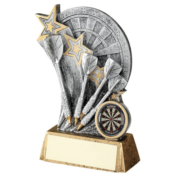 Dartboard with Darts on Bronze Base Darts Trophy - Pewter-Gold - 3 Sizes