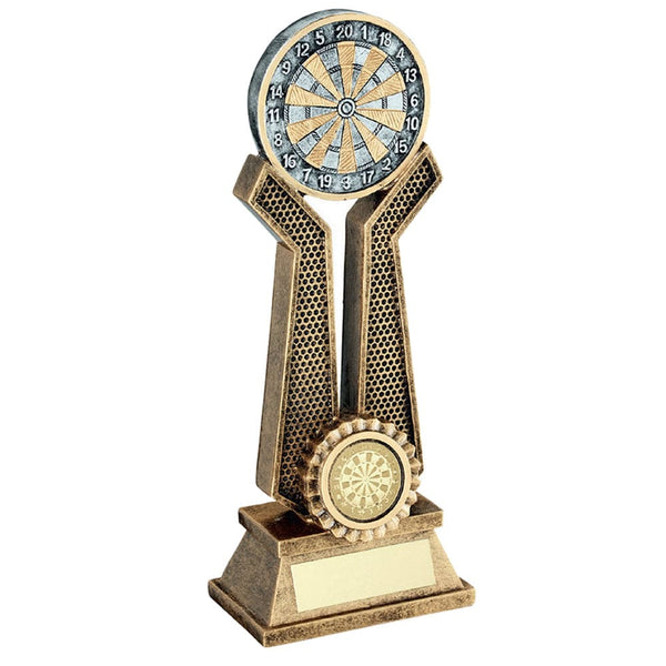 Dartboard on Twin Prongs Darts Trophy - Bronze-Gold-Pewter - 3 Sizes