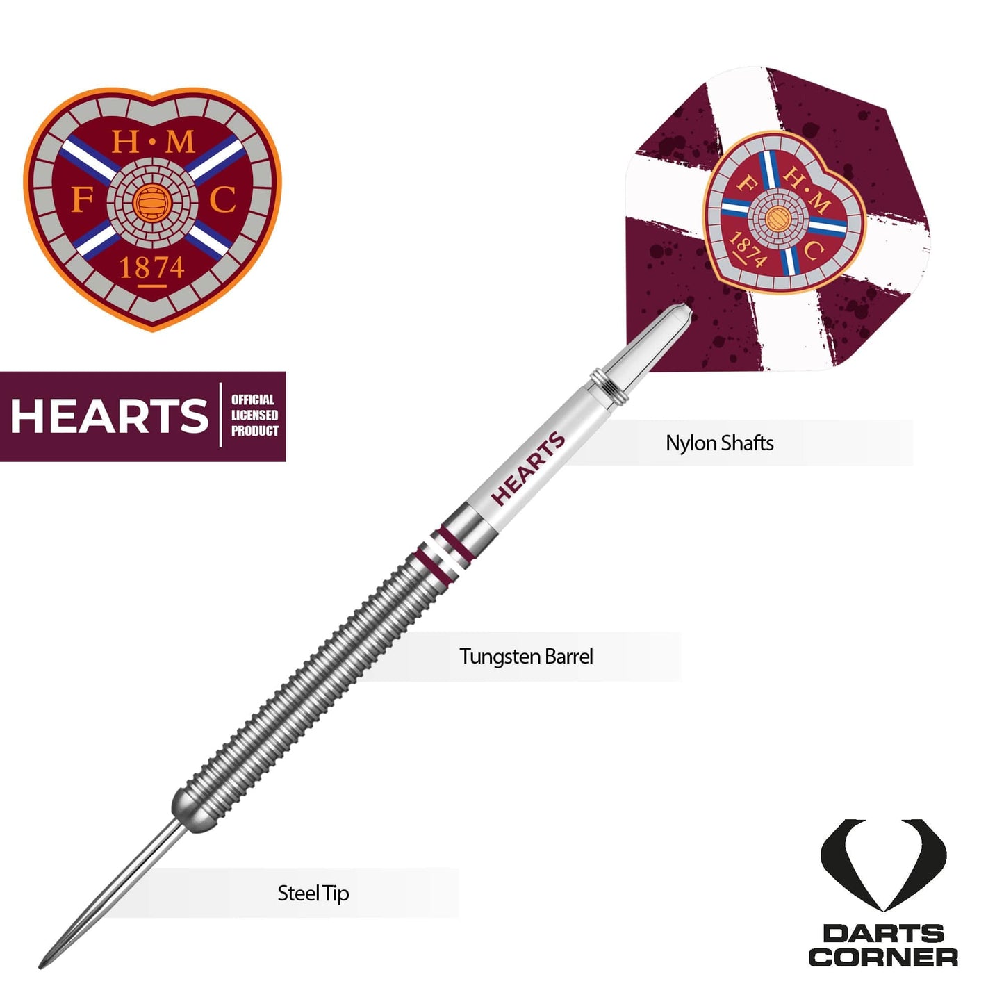 Heart of Midlothian FC - Official Licensed - Hearts - Steel Tip Darts - Tungsten - 24g 24g