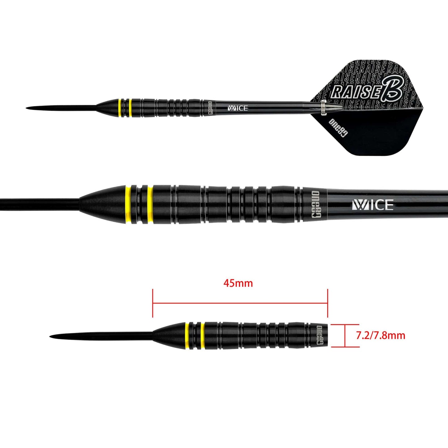 One80 Raise B Darts - Steel Tip - Black - Yellow Rings