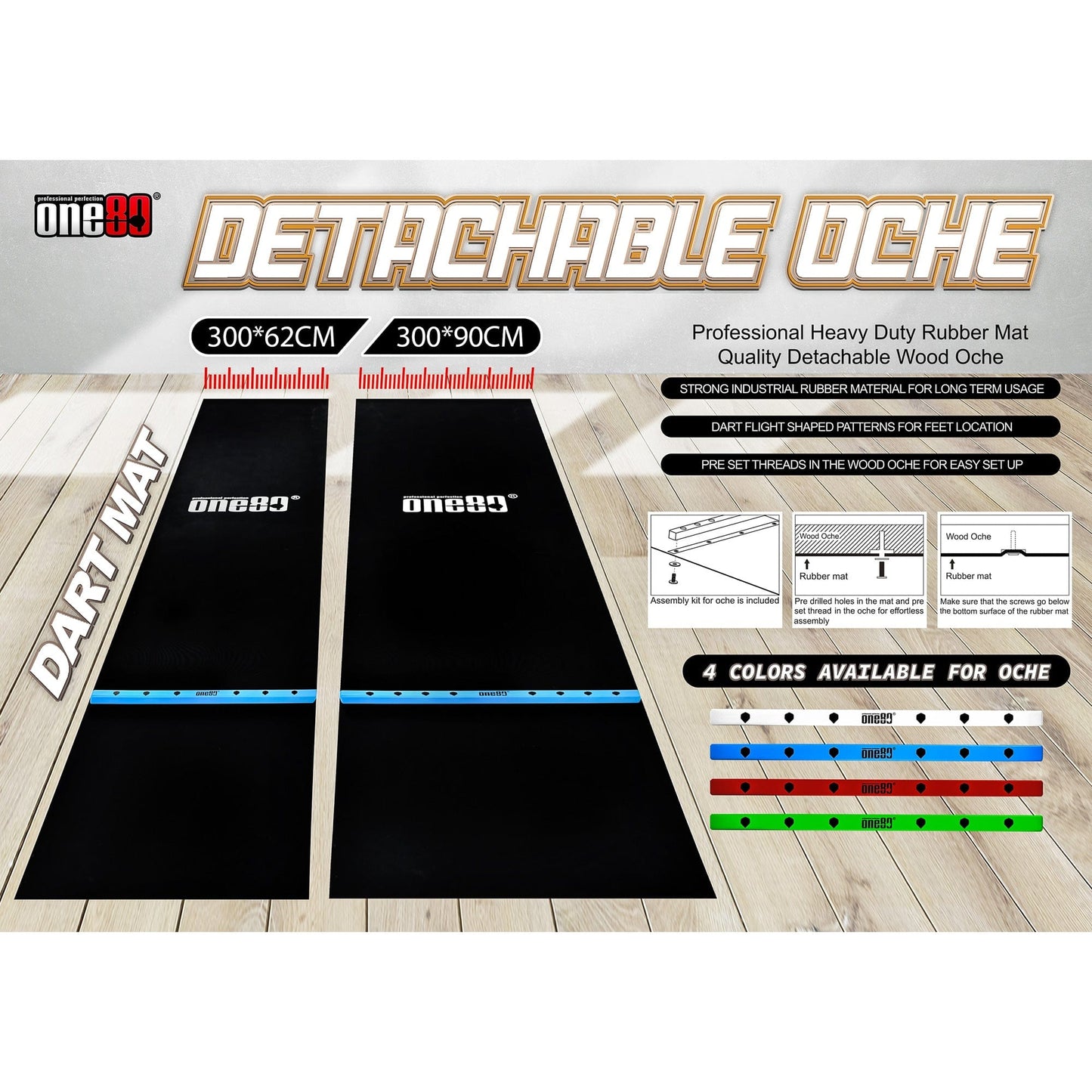 One80 Rubber Dart Mat with Oche - Floor Protection - Black - 300x90cm - Wide
