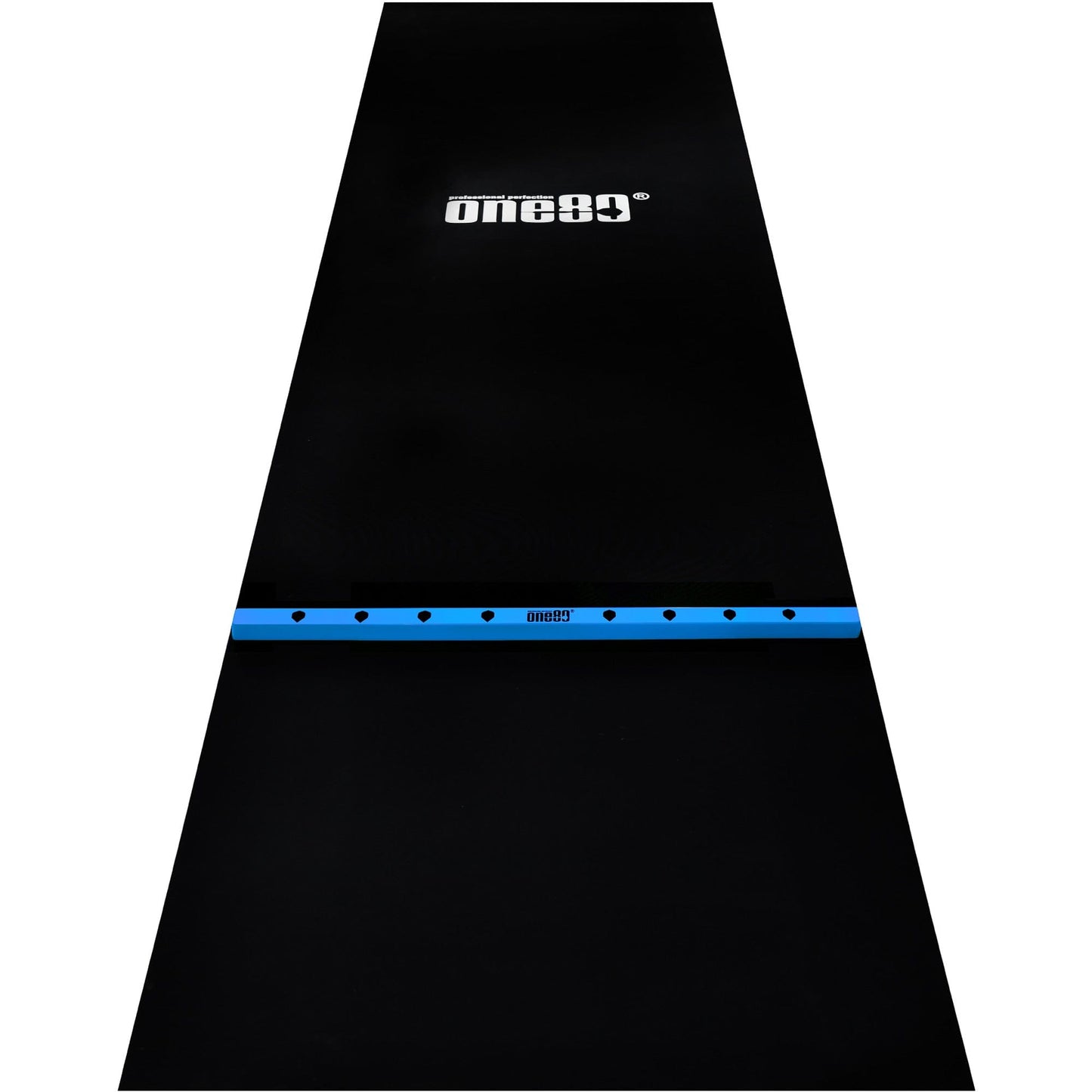 One80 Rubber Dart Mat with Oche - Floor Protection - Black - 300x90cm - Wide Blue