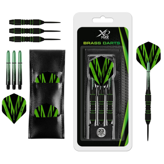 XQMax Steel Tip Darts - Black Coated Brass - includes Case - Green Rings - 23g 23g