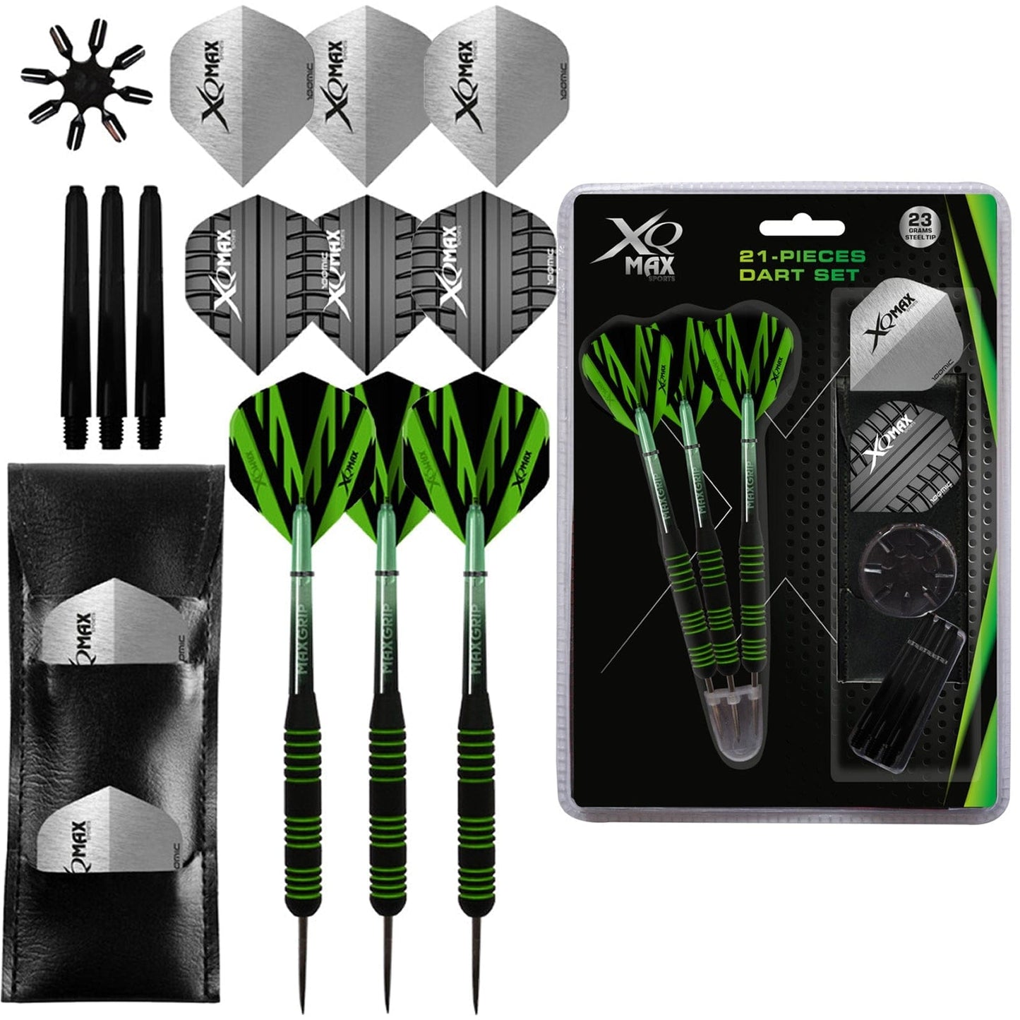 XQMax Steel Tip Darts - Black Coated Rubberised Steel - includes Case and Extra Accessories - 23g 23g